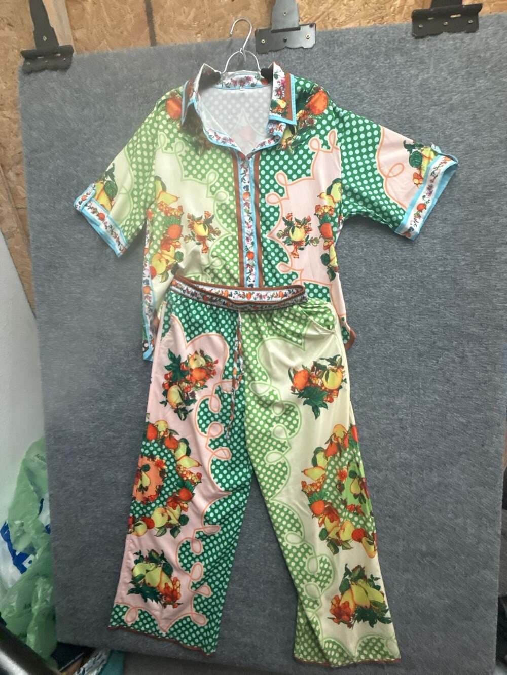 Unbranded Women's Fruit Print 2-Piece Short Sleeve Button Blouse and Wide Leg Pa
